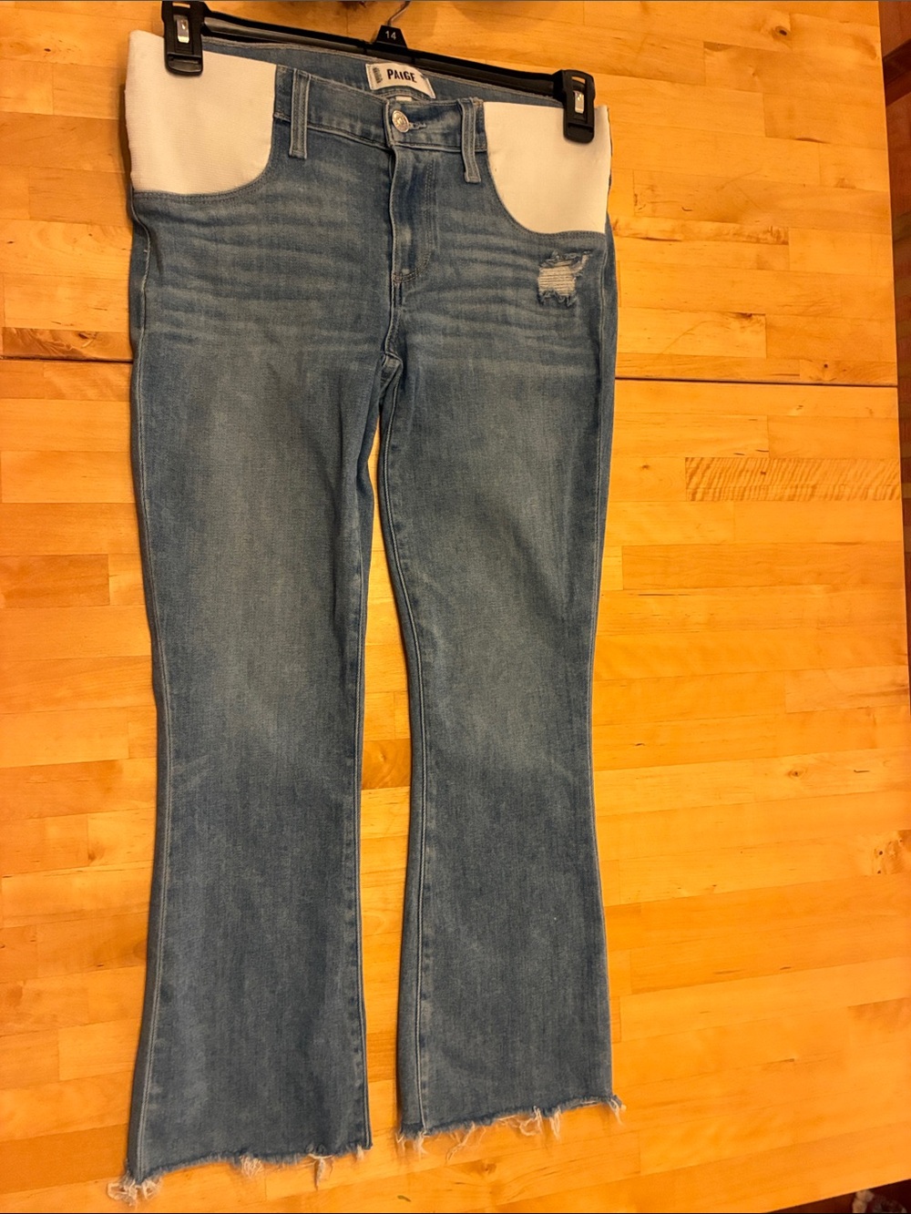PAIGE Light Blue Denim Flare Crop Maternity Jeans with White Stretch Panel